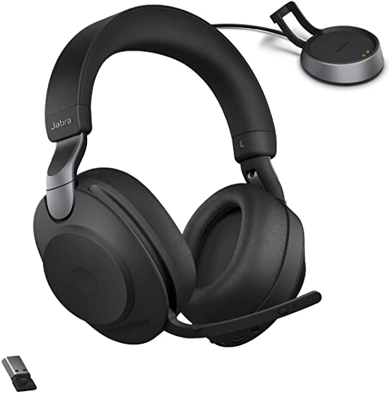 Jabra Evolve2 85 MS Wireless Headphones with Link380a & Charging Stand, Stereo, Black – Wireless Bluetooth Headset for Calls and Music, 37 Hours of Battery Life, Advanced Noise Cancelling Headphones