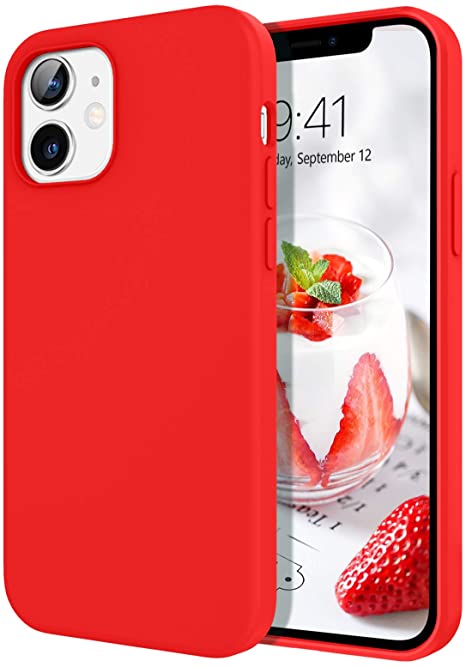 DOMAVER Case Compatible with iPhone 12 / iPhone 12 Pro Slim Smooth Liquid Silicone Soft Gel Rubber Microfiber Lining Cushion Protective Cover for iPhone 12/iPhone 12 Pro 5G 6.1 Inch (2020), Red
