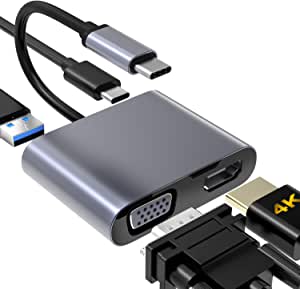 USB C to VGA HDMI Adapter, ElecMoga 4 in 1 Type C to 4K HDMI/VGA/USB 3.0/USB C PD Charging Multiport Hub Adapter Compatible with Macbook Pro/Air,Nintendo,Dell,HP,Samsung S8/S9,Huawei P30 and More