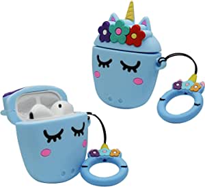 Unicorn Silicone Shockproof Case Cover With Ring Buckle For Airpods 1 & 2 - Blue