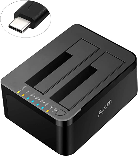 Alxum USB C Hard Drive Docking Station, Two Bay Type C USB 3.0 to SATA Hard Drive Caddy Dock with Offline Clone Function for 2.5 Inch & 3.5 Inch HDD SSD up to 2 x 18TB Drives, Tool-free