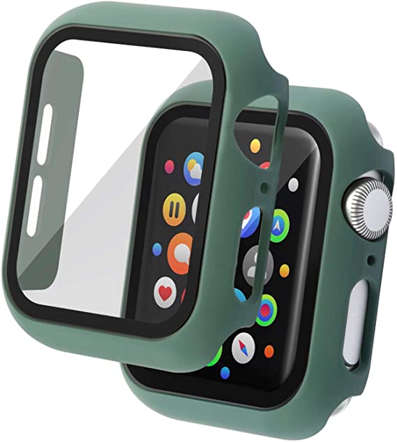 Insten Case Compatible with Apple Watch 44mm Series SE 6 5 4, Matte Hard Cover, Built in Tempered Glass Screen Protector, Full Protection, Green