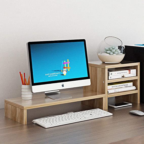 HJRD Monitor Stand, Universal Wooden Monitor Stand Pen Holder with Drawer, Neck Protection Desk Organization Monitor, 2 Levels Monitor Stand For Computer Laptop Desk-A
