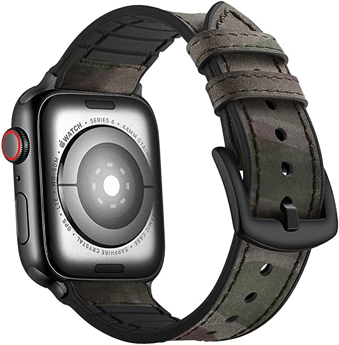 MIFA Compatible with Apple Watch Band 45mm 44mm 42mm, Leather Silicone Hybrid iWatch Bands for Men Women, Replacement Loop Vintage Sports iWatch Strap for Series 7 6 5 SE 4 3 2 1