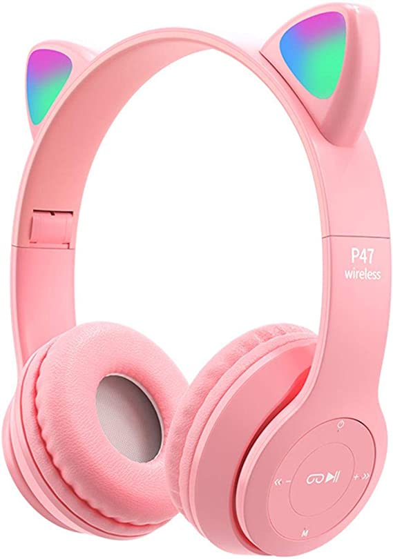 Anwangda Wireless Gaming Headset, Bluetooth 5.0 Cat Ear Headphones, Kids Headphones,LED Light Up Bluetooth Over Ear Headphones for Kids and Adults Wearing(Pink)