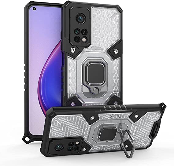 كفر لجهاز شاومي Mi 10T / Mi 10T Pro جراب الحماية المتكامل ايرون مان ضد الصدمات ظهر شفاف خلية نحل حواف سوداء مع حلقة مسند وحبل تعليقة للموبيل
