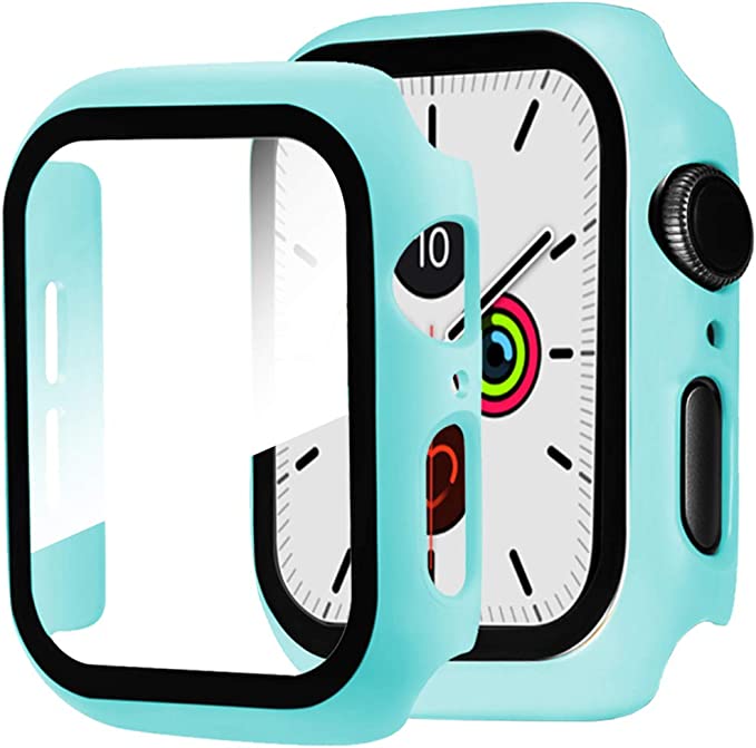 Miimall Compatible with Apple Watch Series 7 41mm Case with Screen Protector, Anti-Scratch Shockproof Matte Hard Cover and Tempered Glass Screen Protector for Apple Watch 41mm Series 7 Light Blue