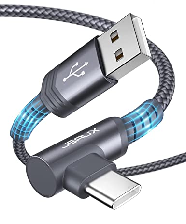 Right Angle USB C Cable Fast Charging [2 Pack, 6.6ft], JSAUX USB A to Type C Cable Braided Charger Cord Compatible with Samsung Galaxy S20 S10 S9 S8 Plus, Note 20 10 9 8 and More (Grey))
