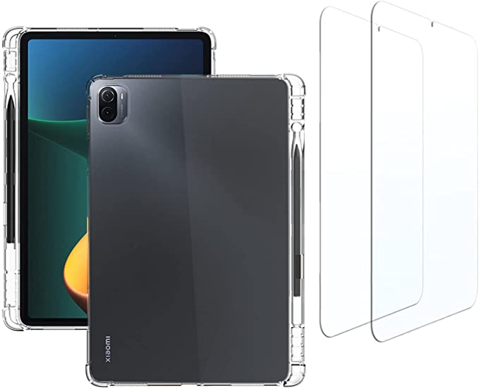 Moninsta Compatible with Xiaomi Pad 5 / 5 pro Case Shockproof Soft Clear TPU Tablet Back Protector Cover with 2pcs paperfeel screen protector films (case with pencil holder+2 screen protectors)