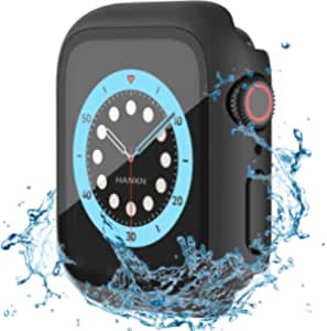 HANKN Waterproof Case Built-in [Seal Ring] Compatible with Apple Watch 44mm Series 6 Se 5 4 Tempered Glass Screen Protector Case, Matte Hard Cover Full Coverage Shockproof Iwatch Bumper (Black, 44mm)