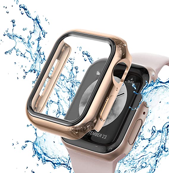 AISIBY IP68 Waterproof Apple Watch case Shockproof Bumper Cover Built-in Screen Protector, Compatible with Apple Watch Series 6/5/4/SE 44mm Case - Rosegold case and Black Screen Frame