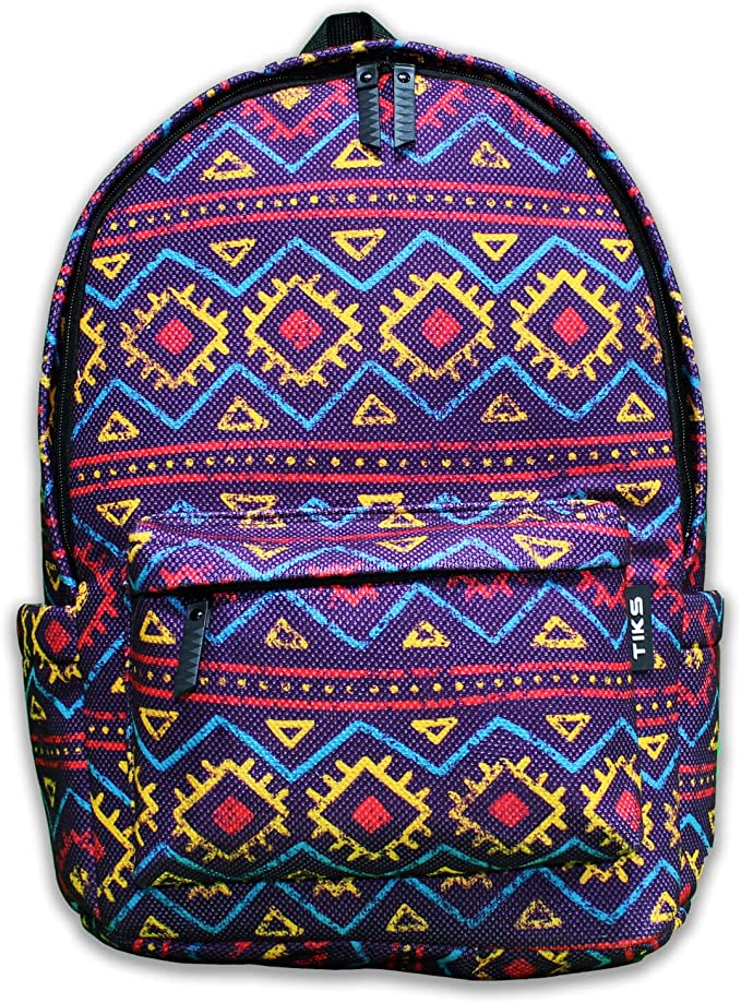 TIKS Printed African Pattern Zipped 14-15 Inch Backpack With Side Pockets - Multi Colour