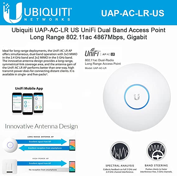 UniFi AP AC LR UAP-AC-LR-US Long Range 802.11ac Dual-Band Wireless Access Point Gigabit PoE Speeds 867Mbps