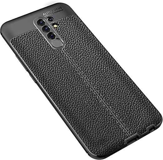 Xiaomi Redmi 9, Heavy Duty Protection Case From GrabMobily -, Leather Pattern Shockproof Cover Durable Ultra Thin Carbon Fiber Brushed Protection Case -Slip-Resistant - Premium quality Case – Black