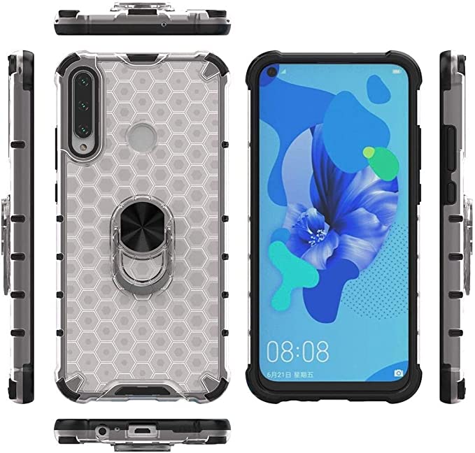 Honor 9C - غطاء عالي الجودة من GrabMobily - غطاء مضاد للصدمات بحلقة شفافة من Iron Man مع غطاء خلفي خلية النحل مع حواف سوداء