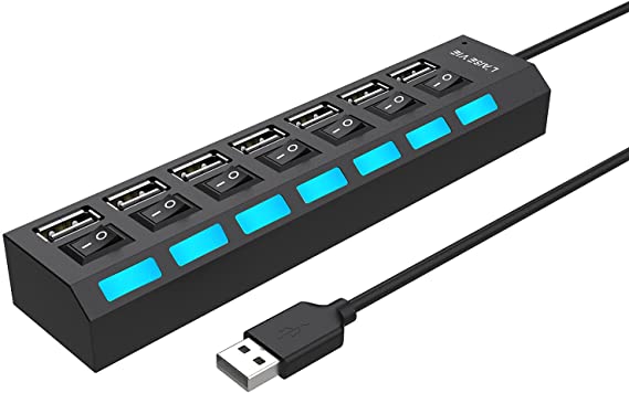 Multi Port USB Splitter, 7 in 1 USB 2.0 Hub with High Speed Individual ON/Off Switches with LEDs