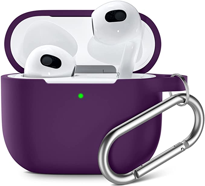 Upeak Compatible with AirPods 3rd Generation Case 2021, Fully Wrapped Silicone Protective Case Cover Shock Absorption for Apple AirPods 3 Case, With Keychain, Plum