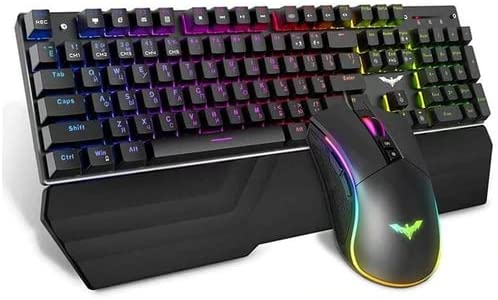 Havit KB389L Mechanical Keyboard and Mouse Combo RGB Gaming 104 Keys Blue Switches Wired USB Keyboards with Detachable Wrist Rest, Programmable Gaming Mouse for PC Gamer Computer Desktop (Black)
