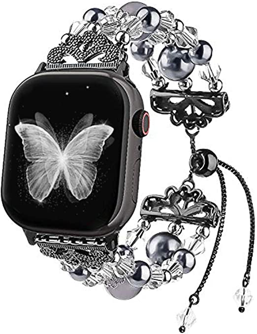 Junwei Replacement for Iwatch Bands 42mm 44mm Adjustable Women Girls Stylish with Stretch Bling Beads of Crystal Rhinestones Pearls for Iwatch Series 6 5 4 3 2 1
