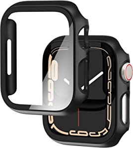 [2-Pack] Falandi Black Hard Case Compatible with Apple Watch Series 7, 41mm Case with Screen Protector, Matte Black Thin Hard Cover Bumper Tempered Glass Full Coverage Protective for iWatch, Black
