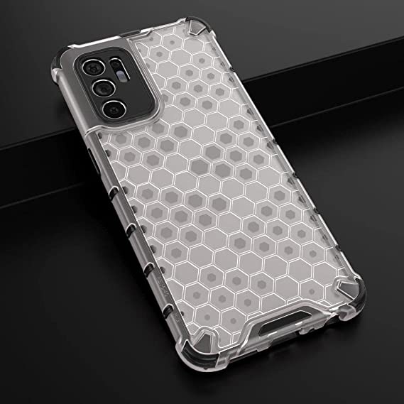 Case For Oppo Reno 6 4G - premium quality cover From GrabMobily - Iron Man Shockproof Cover - Shockproof Case -Black Edges Transparent Beehive Back