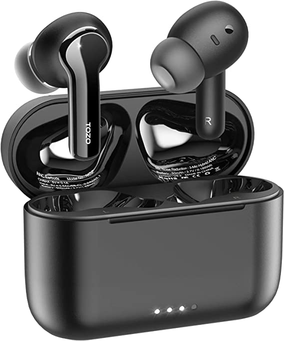 TOZO NC2 Hybrid Active Noise Cancelling Wireless Earbuds, ANC in-Ear Detection Headphones, IPX6 Waterproof Bluetooth 5.2 Stereo Earphones, Immersive Sound Premium Deep Bass Headset, Black