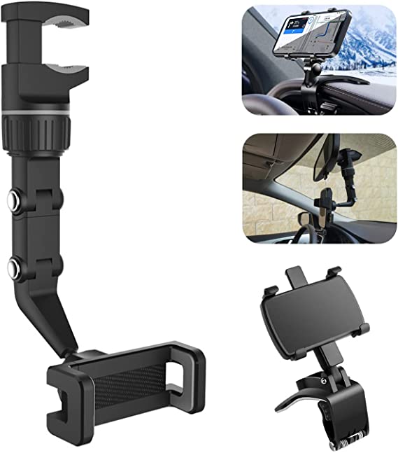 Macl Car Phone Holder Mount, 360 Degree Rotation Universal Rearview Mirror Phone Holder Multi-Use Car Cell Phone Mount Spring Clip Cell Phone Stand for Most 4-7 Inch Mobile Phones (Gray)