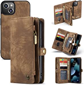 caseme Leather Flip Wallet Case for iPhone 13,Detachable Back Magnetic Closure 2-in-1 Shockproof Zipper Purse Cover with Card Slots (Coffee)