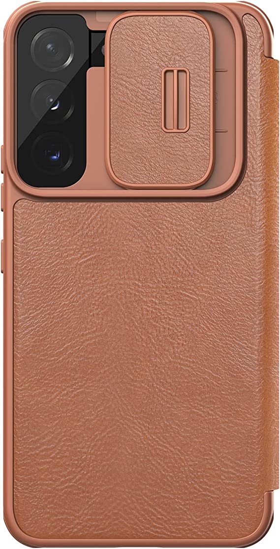 Nillkin Case for Samsung Galaxy S22 Plus (6.55" Inch) Qin Pro Camshield Camera Slider Genuine Classic Leather Flip Folio + Card Slot Brown Color