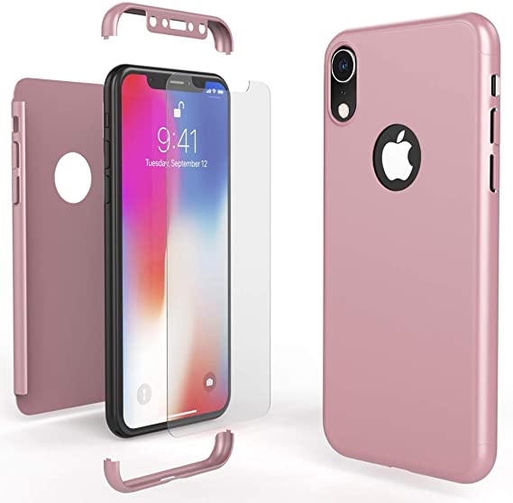 NALIA Full Body Case for iPhone XR, Protective Front and Back Phone Cover with Tempered Glass Screen Protector, Slim Shockproof Bumper Ultra-Thin for Apple i-Phone XR Smartphone, Color:Rose Gold
