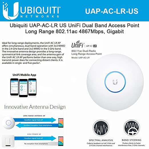 UniFi AP AC LR UAP-AC-LR-US Long Range 802.11ac Dual-Band Wireless Access Point Gigabit PoE Speeds 867Mbps