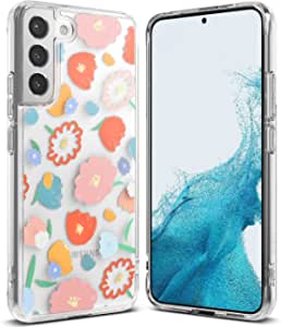 Ringke Fusion Design Compatible with Samsung Galaxy S22 Plus 5G Case (2022), Clear Hard Back with Flowers Girls Women Design Print Shockproof TPU Bumper Phone Cover - Floral