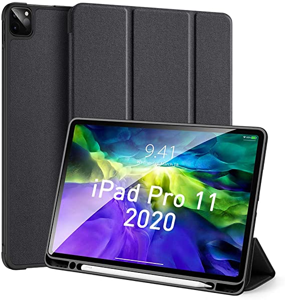 JHuuu Case Fit iPad Pro 11 2020 [Support Apple Pencil 2 Charging+Diamond bump Cooling Upgrade] Premium Trifold Case, Auto Sleep/Wake, Durable Silicone Edge Cover for iPad Pro 11" Smart Shell (black)