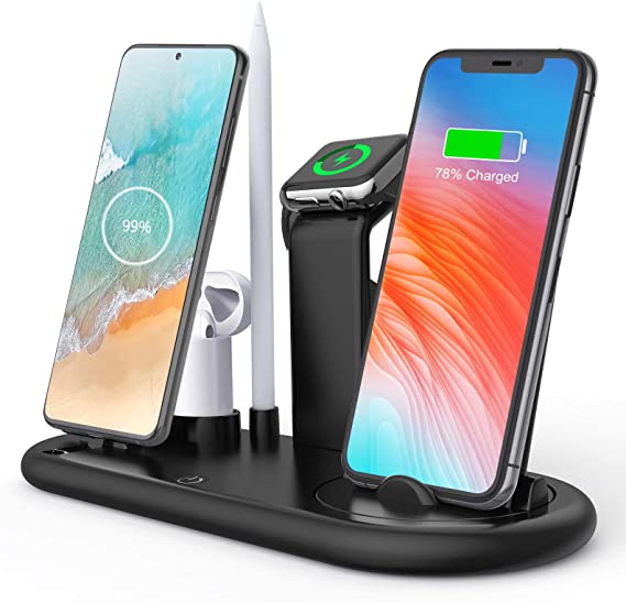 Wireless Charger,6in1 Qi-Certified 10W Fast Wireless Charging Station Dock for iPhone11/ 11Pro/iWatch/Airpods/Pencil,Wireless Charging Stand Compatible with Samsung Galaxy Note 20 /S10 / S10 Plus