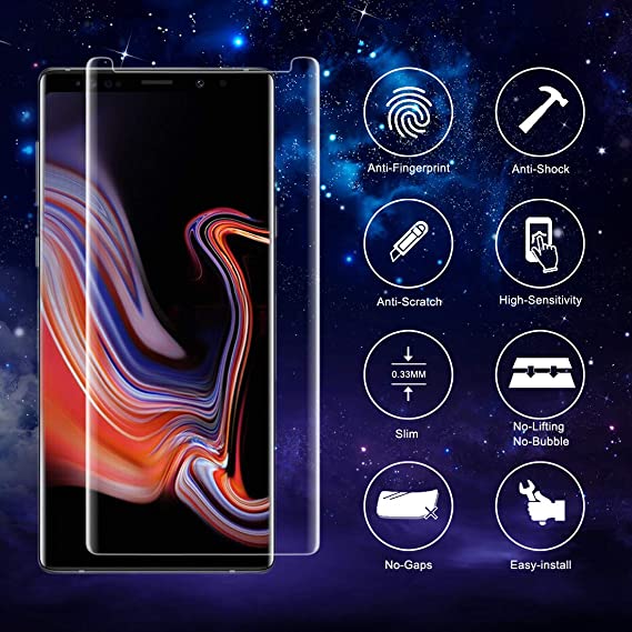 [2 Packs] Maxaka Galaxy NOTE9 Screen Protector Tempered Glass, 0.2mm 3D Curved Edge Liquid Dispersion Tech Adhesive Repair Function, UV Light Easy Install Full Kits for Samsung Galaxy NOTE9