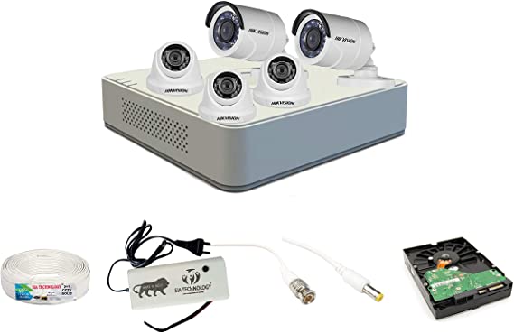 Hikvision 2MP 8 Ch HD DVR & 2MP 3 Dome -2 Bullet Camera HD Combo kit, Include All Require Accessories for 5 Camera Installation