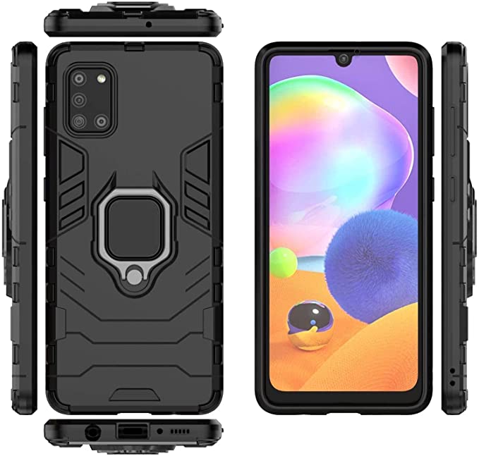 Samsung Galaxy A31 Integrated Protection Iron Man - premium quality cover From GrabMobily - Shock Resistant TPU Case with Metal Ring - Black