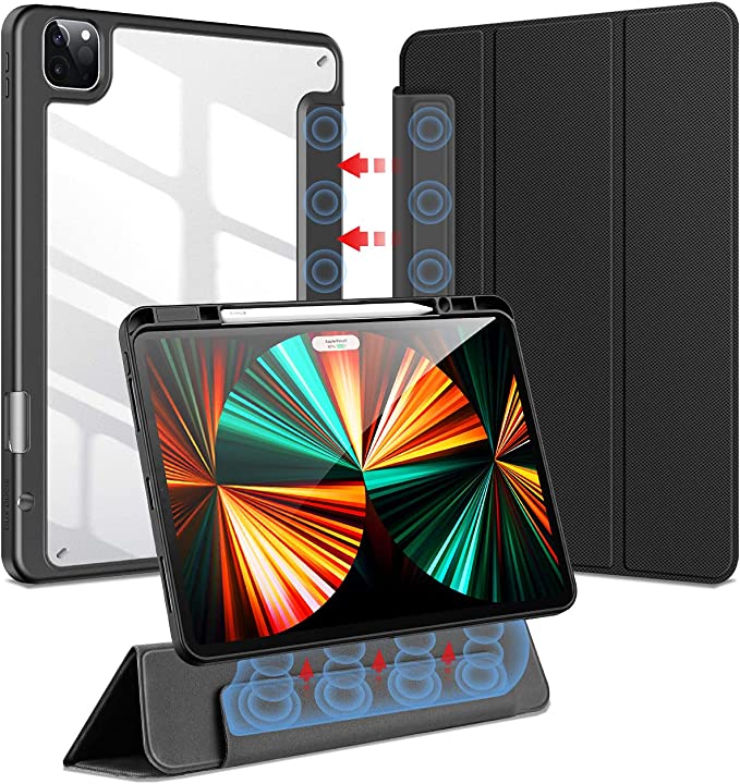 DUX DUCIS Detachable Case for iPad Pro 12.9 inch 2021 (5th Gen) + 2020 (4th Gen) with Pencil Holder，Clear Transparent Back Cover，Trifold Magnetic Detachable Front Cover for iPad Pro 12.9 - Black
