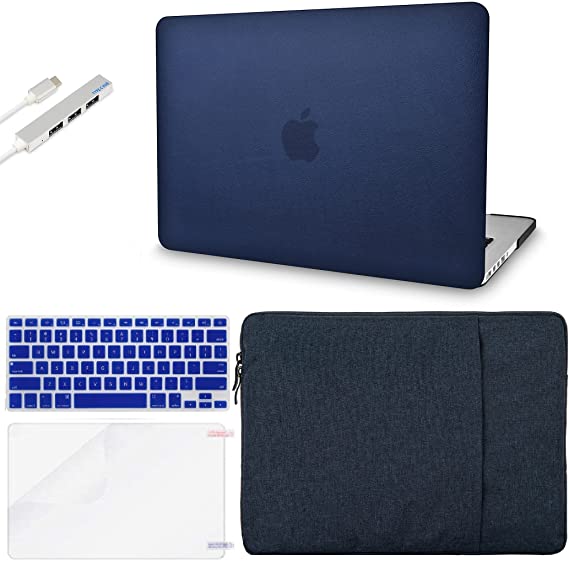 KECC Leather Case for MacBook Air 13" Retina (2020/2019/2018, Touch ID) w/Keyboard Cover + Sleeve + Screen Protector + USB (5 in 1 Bundle) ltalian Leather Case A1932 (Dark Blue Leather)