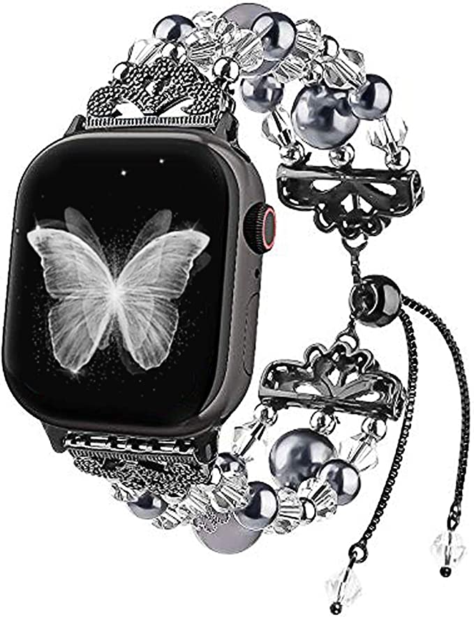 Junwei Handmade Wristband Compatible with Apple Watch Band Series 4/3/2/1, Women Attractive Jewelry iWatch Bangle Bracelet Elastic Wrist Band with Bling Pearls Beads & Tassel Style - Black 38mm 40mm