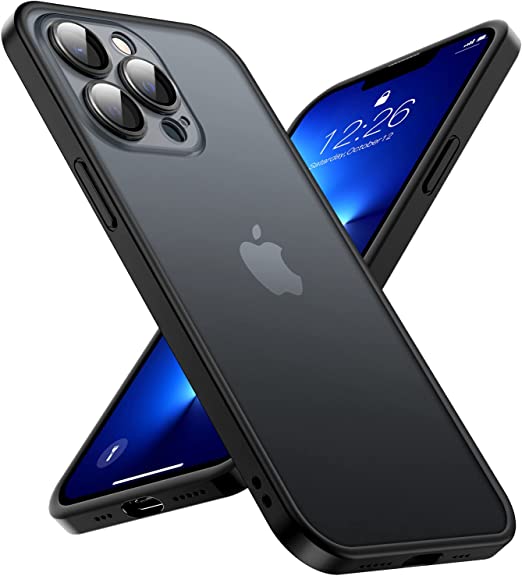 HUOYUO Shockproof Compatible for iPhone 13 Pro Max Case, [Camera Lens Protection][Military-Grade Drop Tested] Translucent Matte Hard PC Back with Soft Silicone Edge, Anti-stain Oleophobic Layer, Black