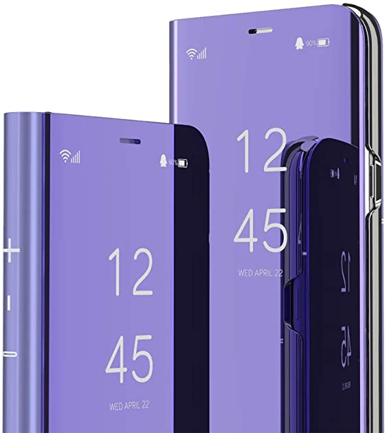 OOPKINS Compatible with iPhone 13 Pro Case Luxury Clear View Window Electroplate Plating Stand Scratchproof Full Body Protective Flip Folio Ultra Slim Cover for iPhone 13 Pro PU Mirror Purple MX