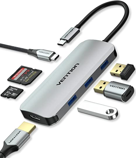 USB C Hub VENTION 7 in 1 USB C Multiport Adapter with 4K HDMI 3 USB 3.0 5Gbps Data Ports 100W Power Delivery TF/SD Card Slots USB C Dongle for MacBook Pro Air HP iPad Pro XPS
