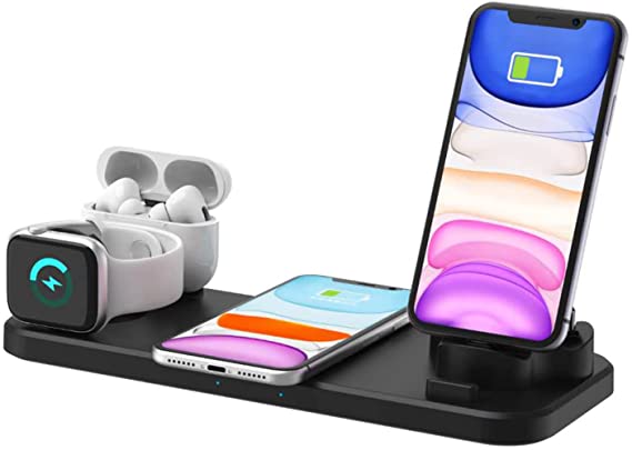 WINKIITO Qi-Certified 10 W 6 in 1 Fast Wireless Charger for Any Port Phone/Micro/Type-C/iPhone Charging Dock Station for Airpods Apple Watchs