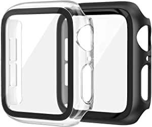 EDIMENS 2 Pack Hard PC Case Compatible with Apple Watch Series 6 / SE / 5 / 4 40mm Women Men, Overall PC Case Slim Tempered Glass Screen Protector Protective Cover for Apple iWatch 40mm SE Black Clear