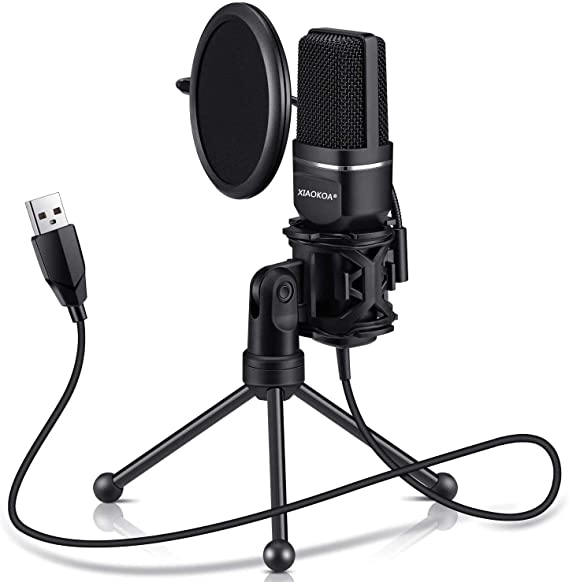 Condenser Microphone, XIAOKOA Professional USB PC Microphone for PC/Laptop Plug & Play with Double-layer Pop Filter and Tripod Stand for Studio Recording, Broadcasting and Gaming