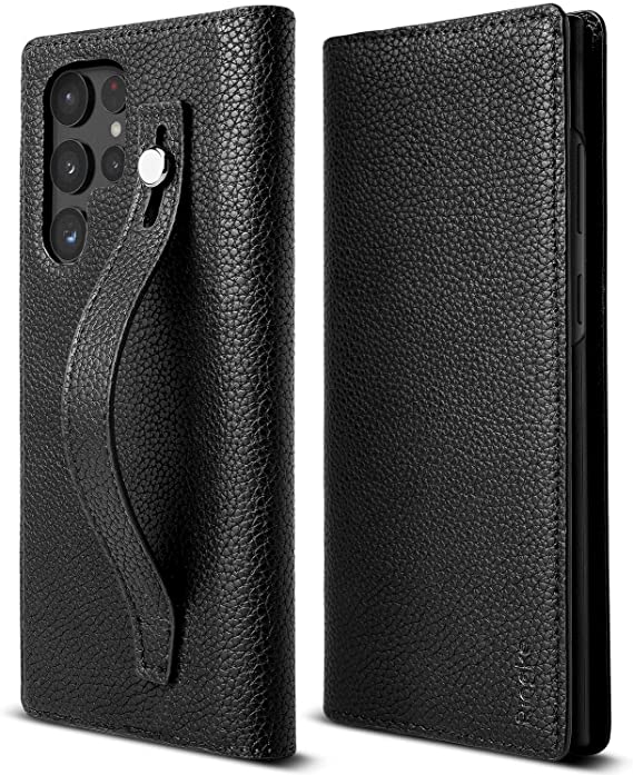 Ringke Folio Signature EZ Strap Compatible with Samsung Galaxy S22 Ultra 5G Case (2022), Handcrafted Artisan Leather with Phone Strap and Inner Pocket for S22 Ultra 6.8-Inch - Black