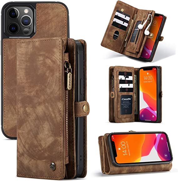 Kowauri Wallet Case for iPhone 12 Pro Max,Zipper Purse Leather Shockproof TPU Bumper Detachable Magnetic Flip Case with Card Slots Stand Holder Wallet Case for iPhone 12 Pro Max 6.7 inch 2020 (Brown)