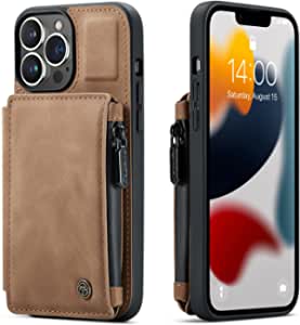 Kowauri Wallet Case for iPhone 13 Pro Max, Double Magnetic Clasp Zipper Purse PU Leather Wallet Case with Credit Card Slot Holder Back Flip Cover for iPhone 13 Pro Max 6.7 inch 2021 (Brown)