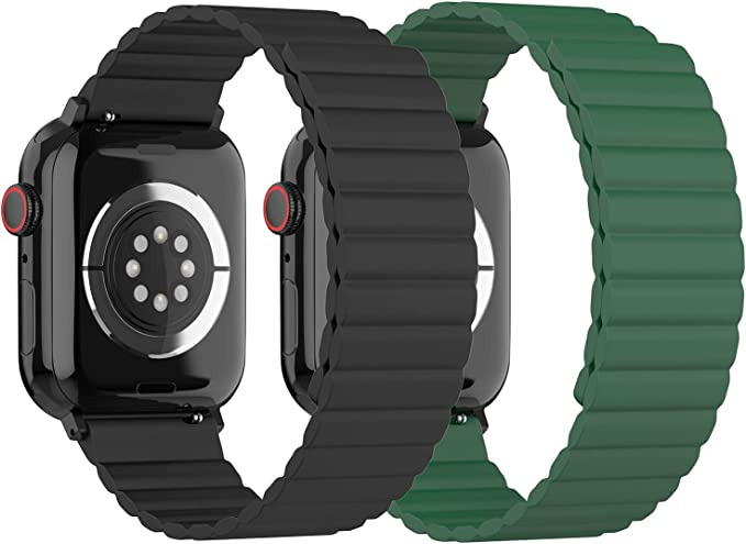 Compatible with Apple Watch Band Magnetic Closure 42mm, Besbow 2 Pack Silicone iWatch Bands 44mm Men Magnetic for iWatch Series 6/5/4/3/2/1/SE Men Women (Black, Green)
